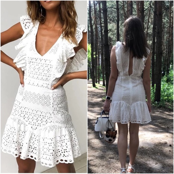 Dresses & Skirts - bohemian white v neck eyelet lace ruffle hem dress